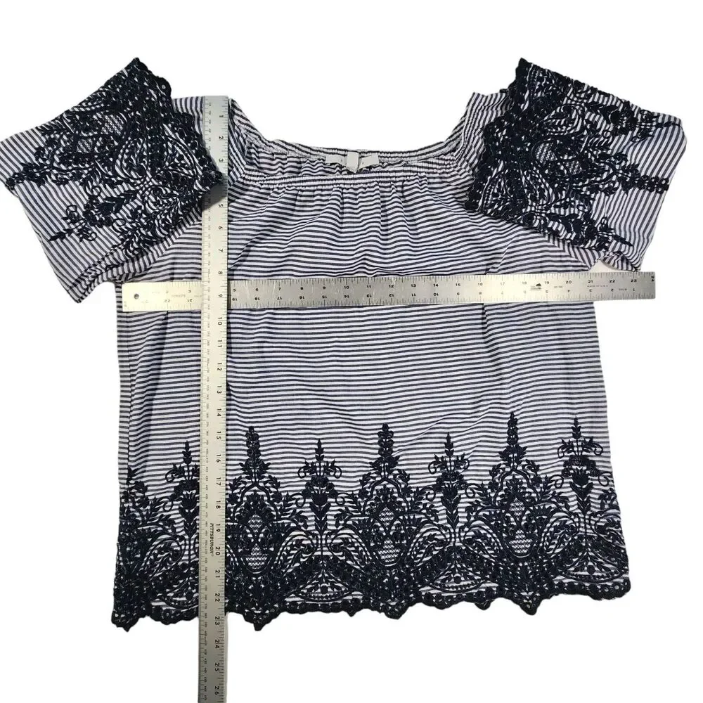 Fever Women's Navy Striped Blouse Large Embroidered Eyelets Boho Peasant Cottage